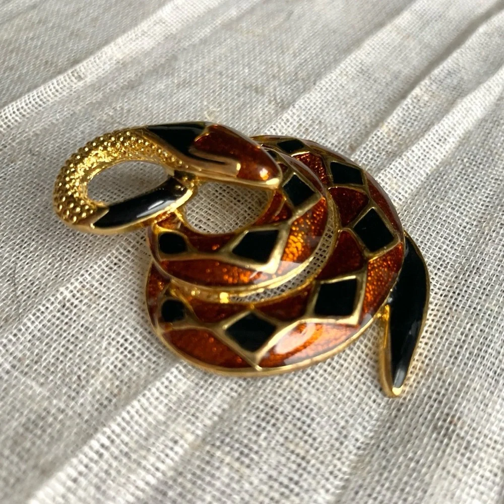 Enamel Diamond-Backed Snake Brooch Goldtone